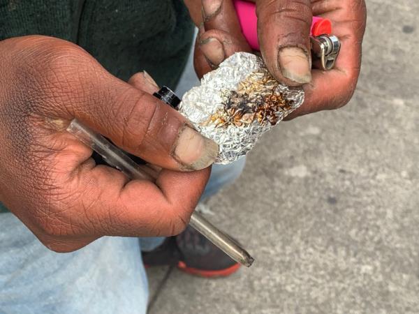 A homeless man is shown using Fentanyl in the Tenderloin District of San Francisco, California on Thursday, August 17, 2023. The Mayors office has faced a lot of criticism related to crime and homeless issues in the city. Many retailers are citing homeless problems and other challenges of operating in Downtown San Francisco and co<em></em>ntemplating whether to remain open.