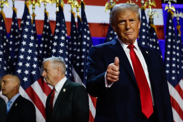 Former U.S. President Do<em></em>nald Trump giving a thumbs up at an election night event in West Palm Beach, Florida on November 6, 2024