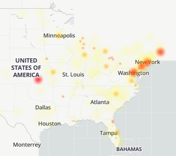 A map of user-reported issues shows the affected area spans a<em></em>bout 300 miles from Philadelphia to Richmond, Virginia