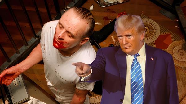 Anthony Hopkins as a bloody Hannibal Lecter in Silence of the Lambs next to Do<em></em>nald Trump pointing at him