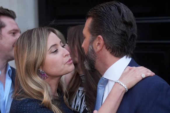Holly Valance kisses Do<em></em>nald Trump Jr farewell as he leaves a fundraiser for Do<em></em>nald Trump hosted by the former Neighbours star in London.