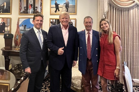 Australian Holly Valance and her husband Nick Candy (left) dined with former US president Do<em></em>nald Trump and co<em></em>nservative former British politician Nigel Farage.