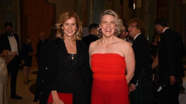Actress Rachel Griffiths and Clare O'Neill attend the Press Gallery Mid Winter Ball at Parliament House, Canberra. NewsWire/ Martin Ollman