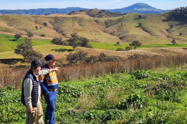 Golden Deeps chief executive officer John Dugdale and Geos Mining principal co<em></em>nsultant Murray Hutton looking across the Havilah project in NSW.