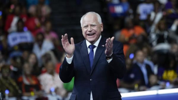 Minnesota Governor Tim Walz, the Democratic vice presidential nominee, at a campaign rally on Tuesday.