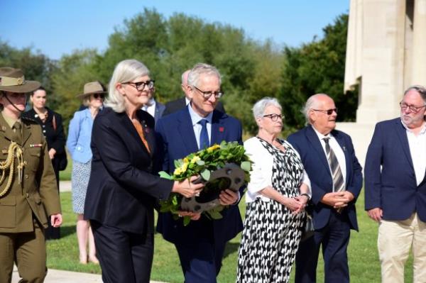 Governor-General Sam Mostyn and husband Simeon Beckett lay a wreath to ho<em></em>nour Australia’s war dead at Villers-Bretonneux, northern France.
