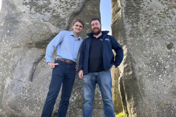 Curtin PhD candidate Anthony Clarke and Professor Chris Kirkland at Stonehenge.