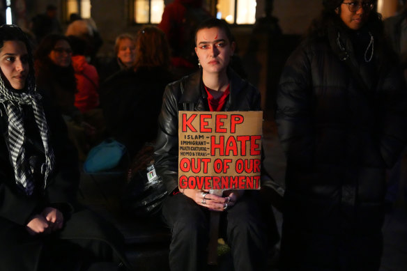 A protester holds a placard during a demo<em></em>nstration in Utrecht, Netherlands, against Geert Wilders’ victory.