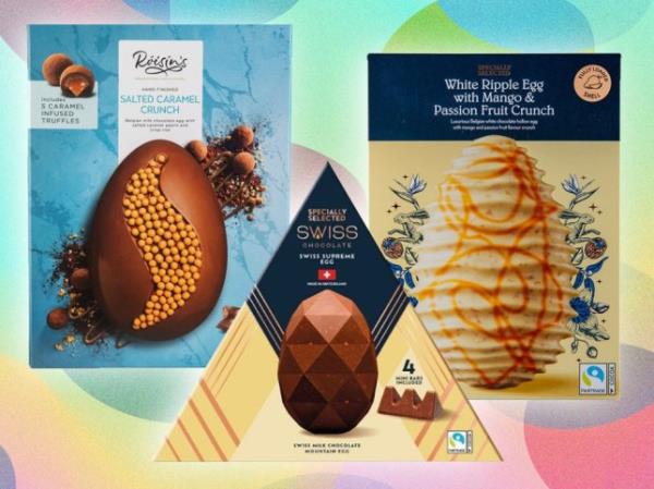 Three of Aldi's new 2024 Easter eggs on a colourful background