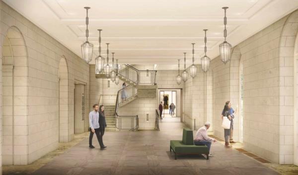 A rendering shows a hallway of the renovated museum.
