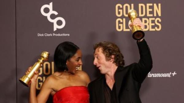 Ayo Edebiri, winner of the Best Actress in a TV Series, Musical or Comedy award for 'The Bear,' and Jeremy Allen White, winner of the Best Performance by a Male Actor in a Television Series.