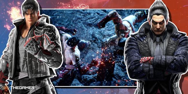 Jin and Kazuya from Tekken 8 swinging a punch at each other