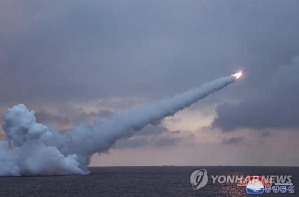 This photo, carried by North Korea's official Korean Central News Agency on Jan. 29, 2024, shows the North's firing of submarine-launched cruise missiles the previous day. (For Use o<em></em>nly in the Republic of Korea. No Redistribution) (Yonhap)