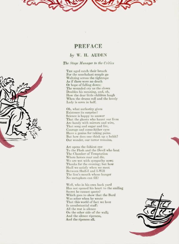the original poem page with two images painted on in black ink: a woman sitting and reading, and a ship. The images are accented by dark red strokes of paint