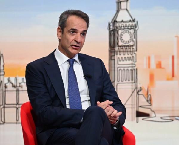 Greek prime minister Kyriakos Mitsotakis on Sunday with Laura Kuenssberg