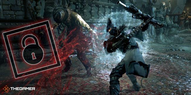 A Bloodborne player attacking an enemy. There's a lock symbol in a box on the left side of the image.