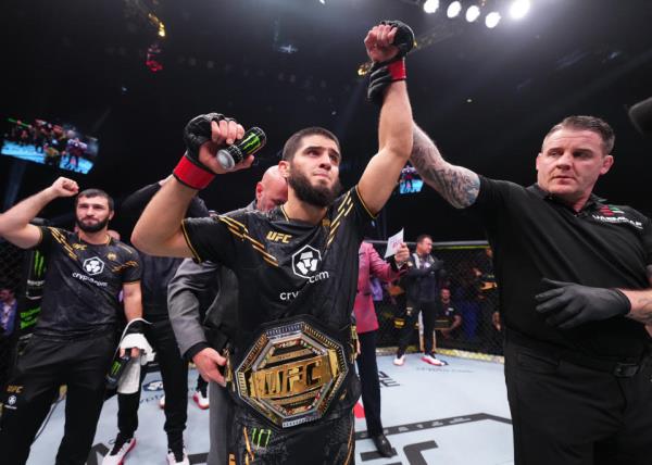 ABU DHABI, UNITED ARAB EMIRATES - OCTOBER 21: Islam Makhachev of Russia reacts after his knockout victory against Alexander Volkanovski of Australia in the UFC lightweight champio<em></em>nship fight during the UFC 294 event at Etihad Arena on October 21, 2023 in Abu Dhabi, United Arab Emirates. (Photo by Chris Unger/Zuffa LLC via Getty Images)