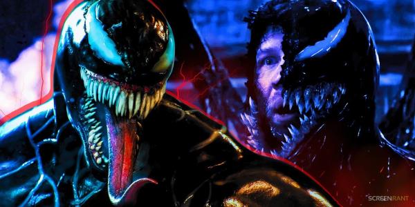 Tom Hardy's Venom with his to<em></em>ngue out and a shot of half-Venom/half-Eddie Brock's face with red lightning effects around them