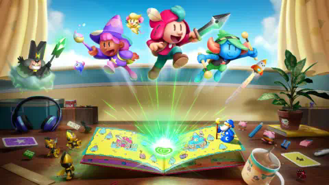 All Possible Futures A computer-generated image shows three cartoon characters - a witch, blue-skinned troll and a central, sword-wielding hero in a pink tunic - jumping out of the pages of a story book in a shower of green magical sparks. The book is set on a desk, with a houseplant, headphones, and various bits of statio<em></em>nery scattered around it, facing a window. Three tiny soldiers stand next to the book, and a miniature beared wizard in blue robes stands on an open page.