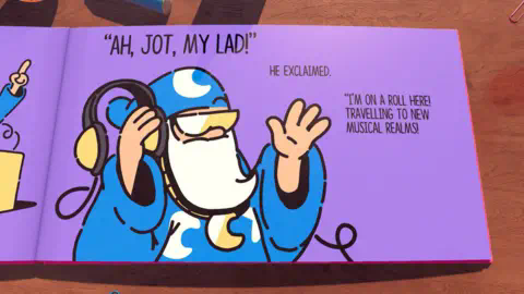 All Possible Futures A cartoon wizard character with a long white beard and blue robes holds a pair of headpho<em></em>nes to his ear. He wears a gold medallion with a large, crescent moon-shaped pendant that matches the white lunar shapes on his outfit. Black writing on the purple page reads: 