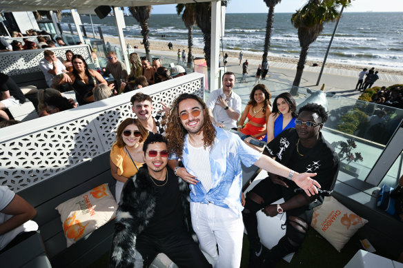 Kenneth Edralin (left) and Benny Gregs (right) celebrate the new year at St Kilda Sea Baths Complex. 