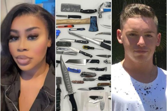 Stabbing victims Mauwa ‘Melanie’ Kizenga and Jack Beasley, with weapons seized in Queensland under new laws prom<em></em>pted by Beasley’s death. 