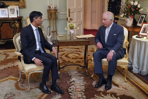 King Charles III meets with Prime Minister Rishi Sunak at Buckingham Palace.
