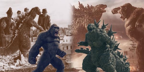 Godzilla and King Kong in various films through the years both fighting and teaming up
