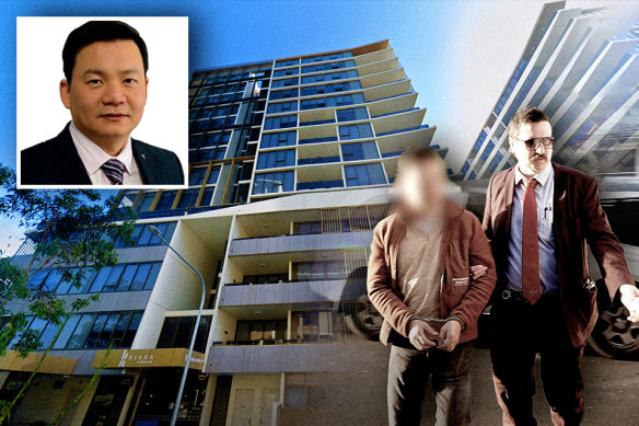 Real estate agent Robby Yong was arrested (inset) in October after he and his wife allegedly defrauded an elderly woman with dementia by renting out her Mascot unit (pictured) using her credit cards and other valuables, NSW Police allege. 