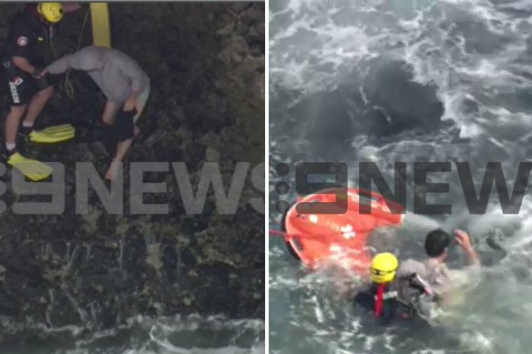 The man was rescued from a rocky shelf on Monday.