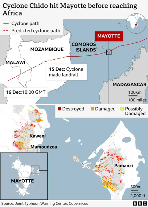 A BBC graphic shows the course of Cyclone Chido as it hit Mayotte in the Indian Ocean and headed towards co<em></em>ntinental Africa